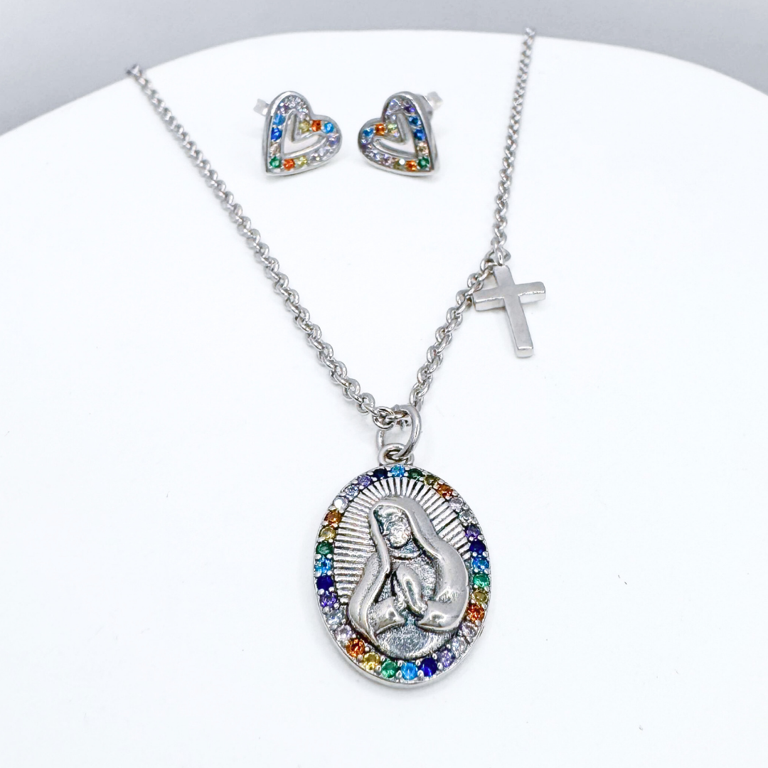 Conjunto Aros y Collar Virgen María Colorido - Silver