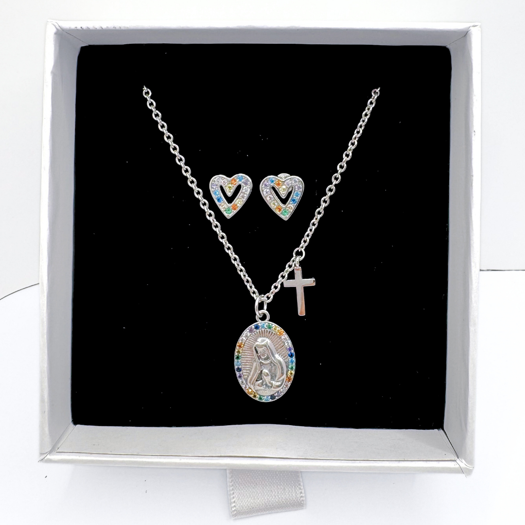 Conjunto Aros y Collar Virgen María Colorido - Silver