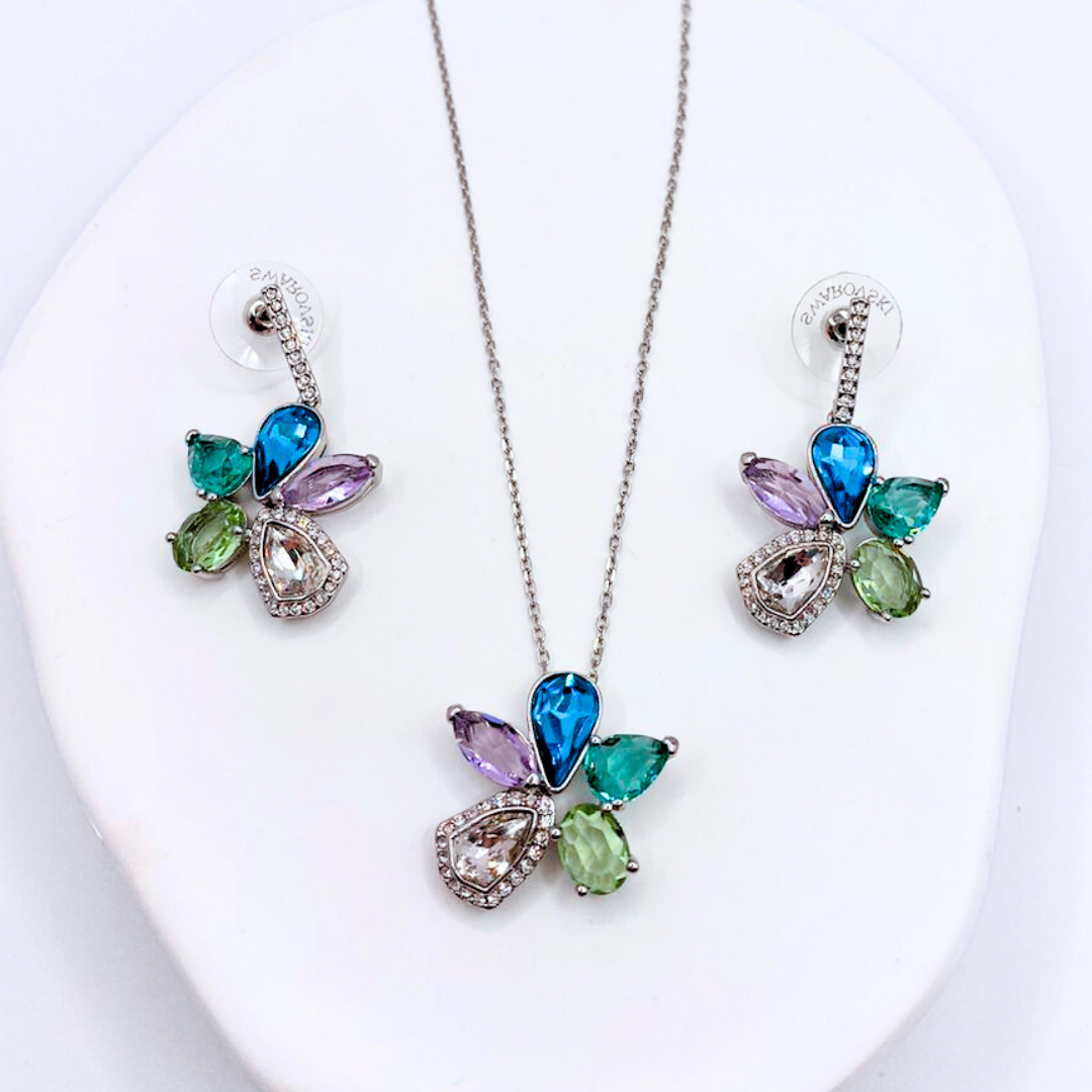Conjunto Collar y Aros Flor Multicolor - Silver