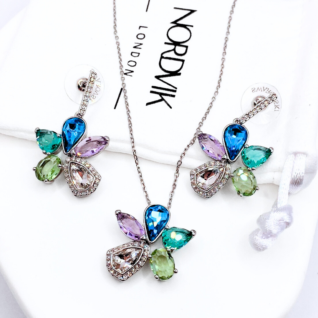Conjunto Collar y Aros Flor Multicolor - Silver