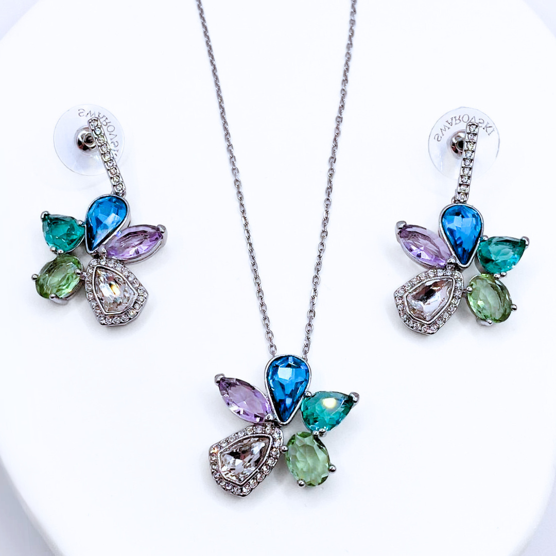 Conjunto Collar y Aros Flor Multicolor - Silver