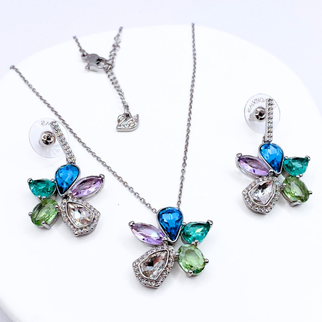 Conjunto Collar y Aros Flor Multicolor - Silver