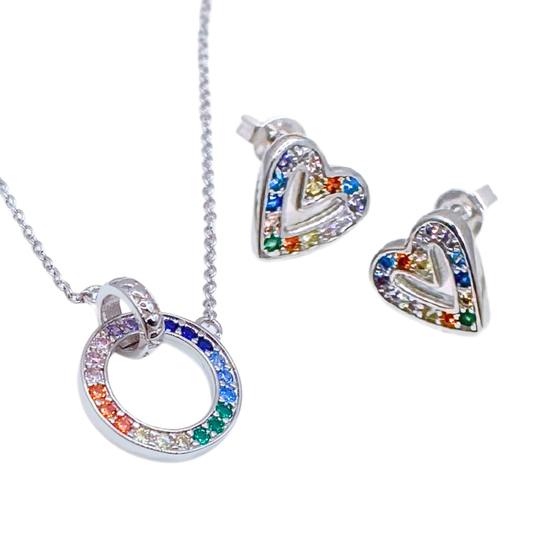 Conjunto Collar y Aros Corazón Multicolor - Silver