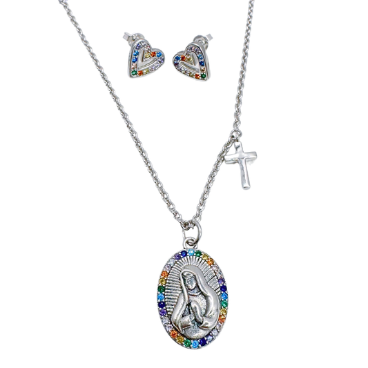 Conjunto Aros y Collar Virgen María Colorido - Silver