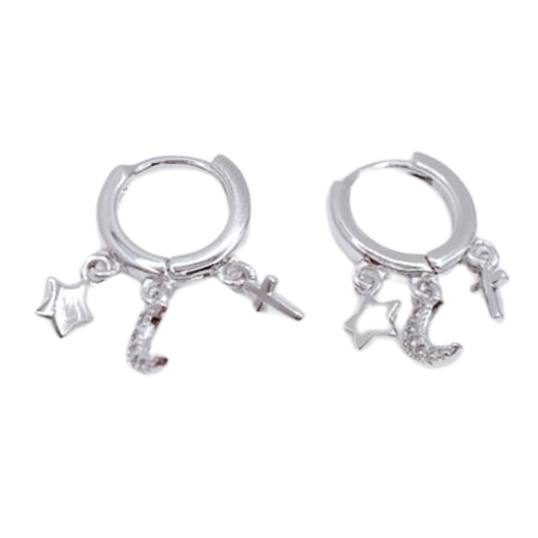 Argollas Lisas Estrella, Luna y Cruz - Silver