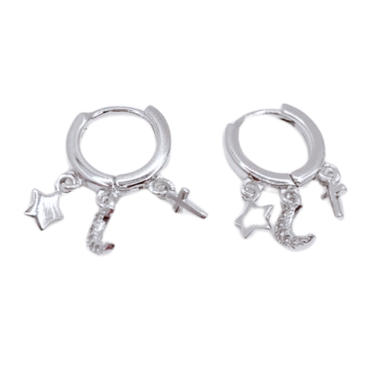 Argollas Lisas Estrella, Luna y Cruz - Silver