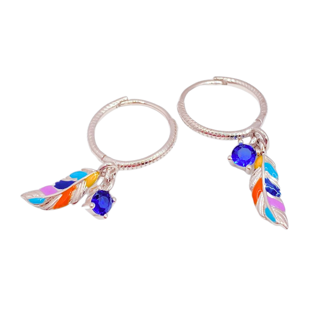 Aros Argolla Plumas Coloridas - Silver