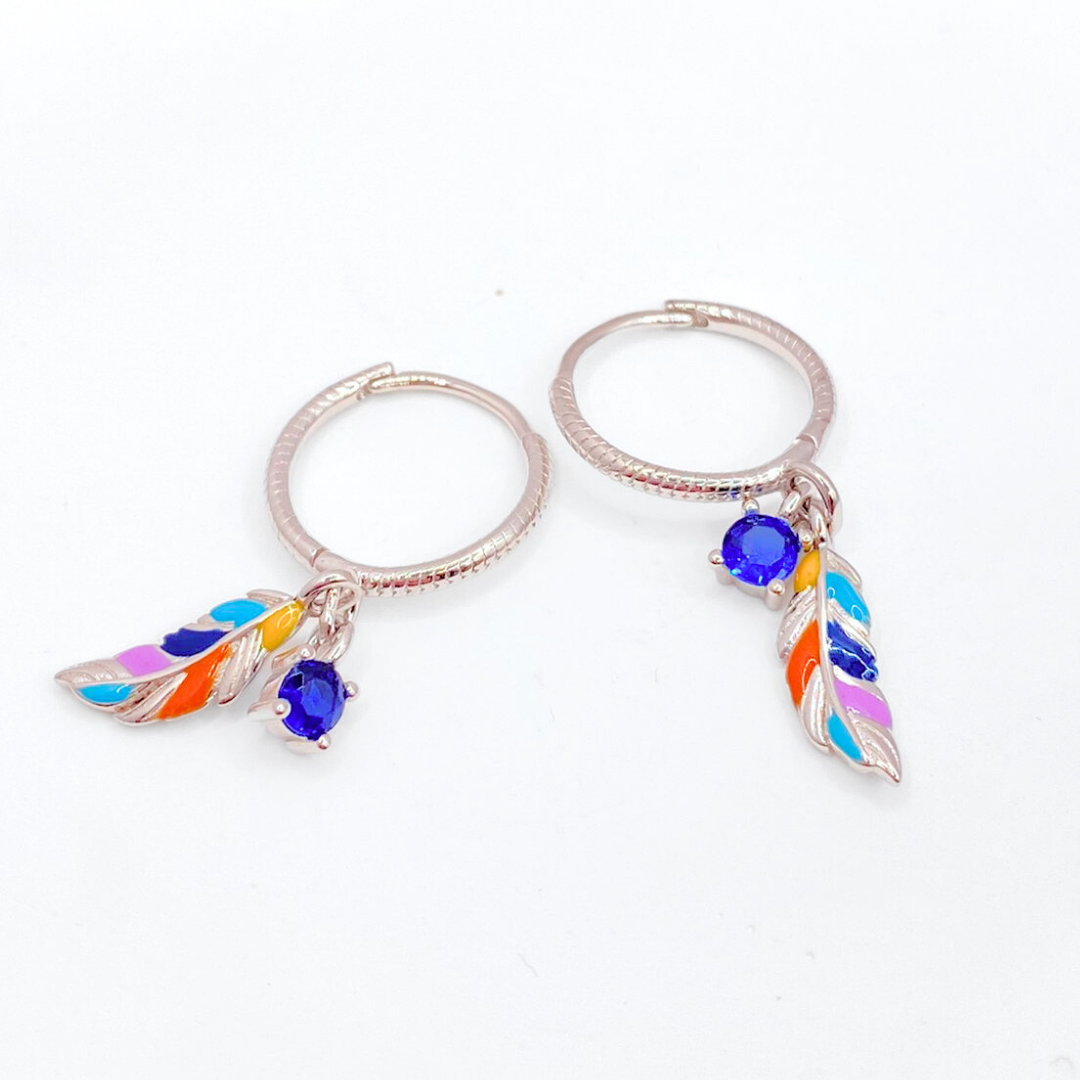 Aros Argolla Plumas Coloridas - Silver