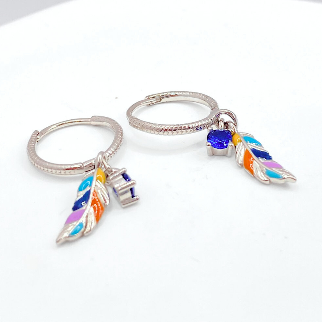 Aros Argolla Plumas Coloridas - Silver