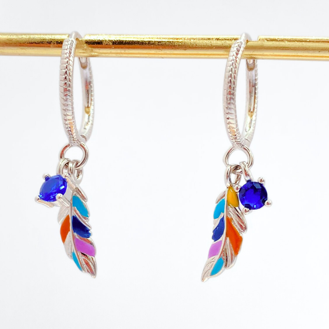 Aros Argolla Plumas Coloridas - Silver