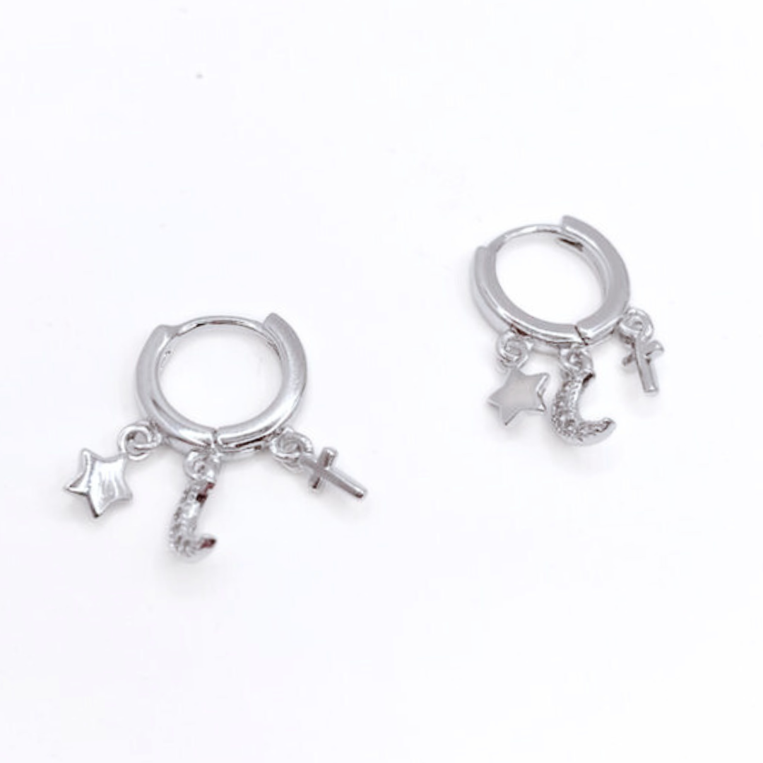 Argollas Lisas Estrella, Luna y Cruz - Silver
