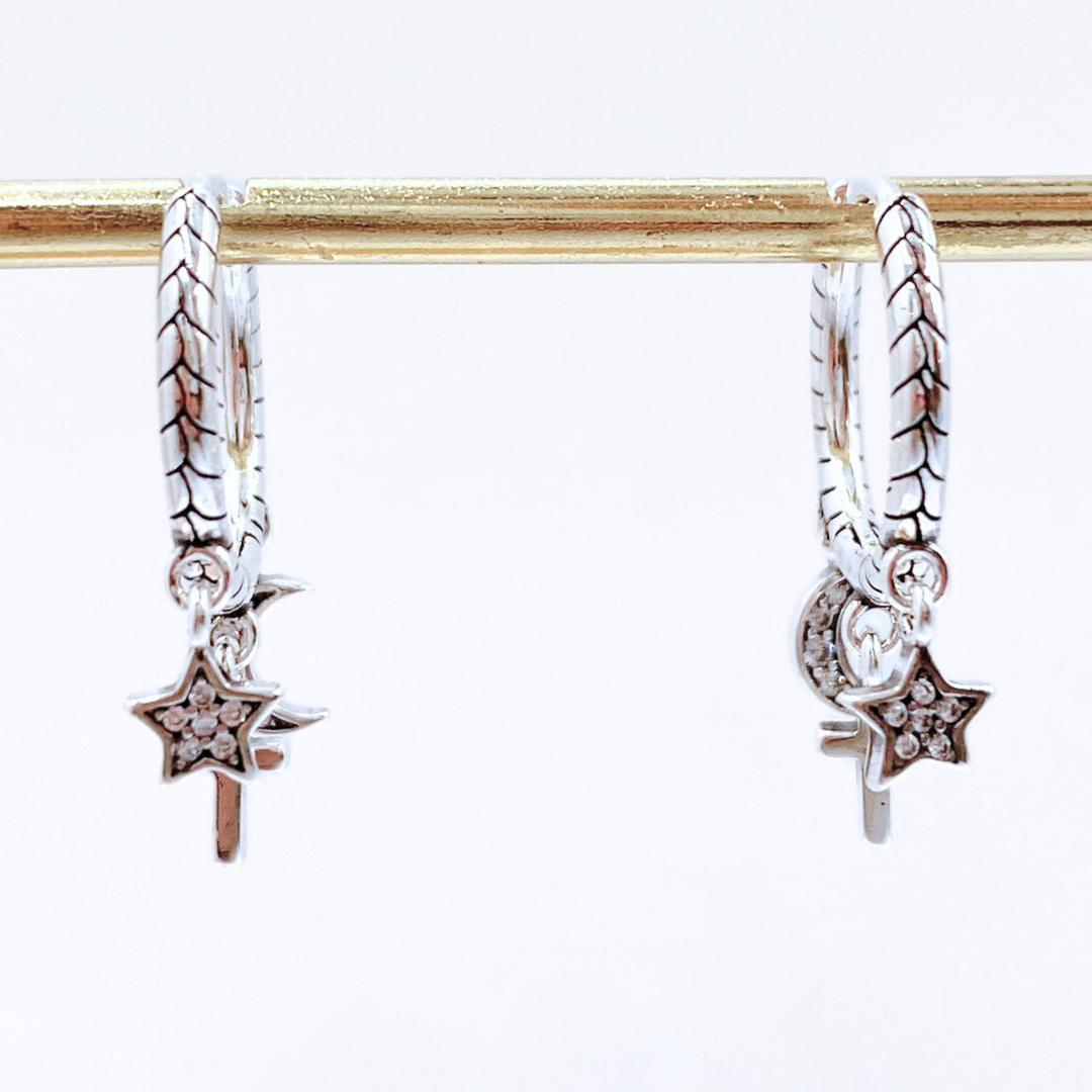 Argollas Talladas Estrella, Luna y Cruz - Silver