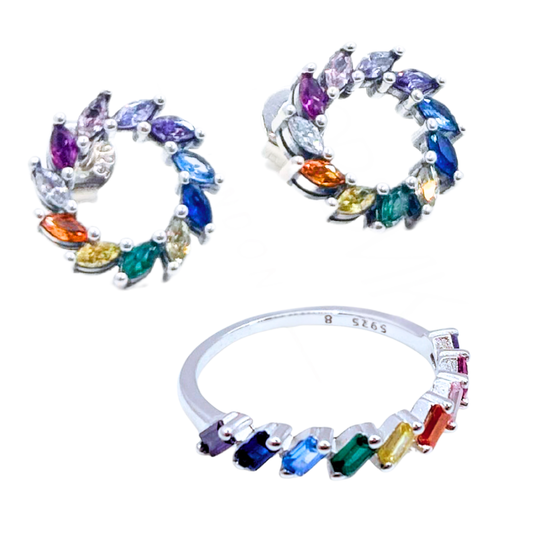 Conjunto Aros y Anillo Colores Aurora - Silver