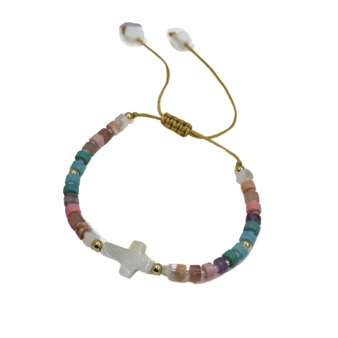 Pulsera Colores Pastel y Cruz - Silver