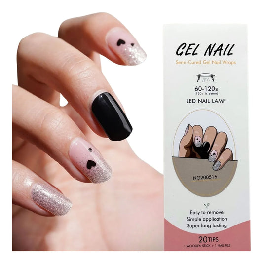 Uñas Gel Semi Curado Manicure - Nude, Negro y Brillos