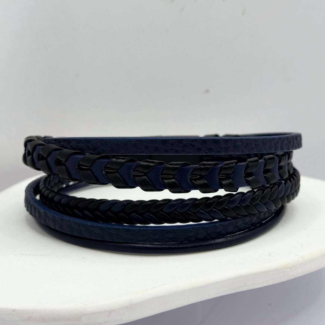 Pulsera Ecocuero Azul y Negro - Silver
