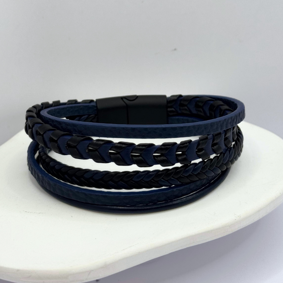 Pulsera Ecocuero Azul y Negro - Silver