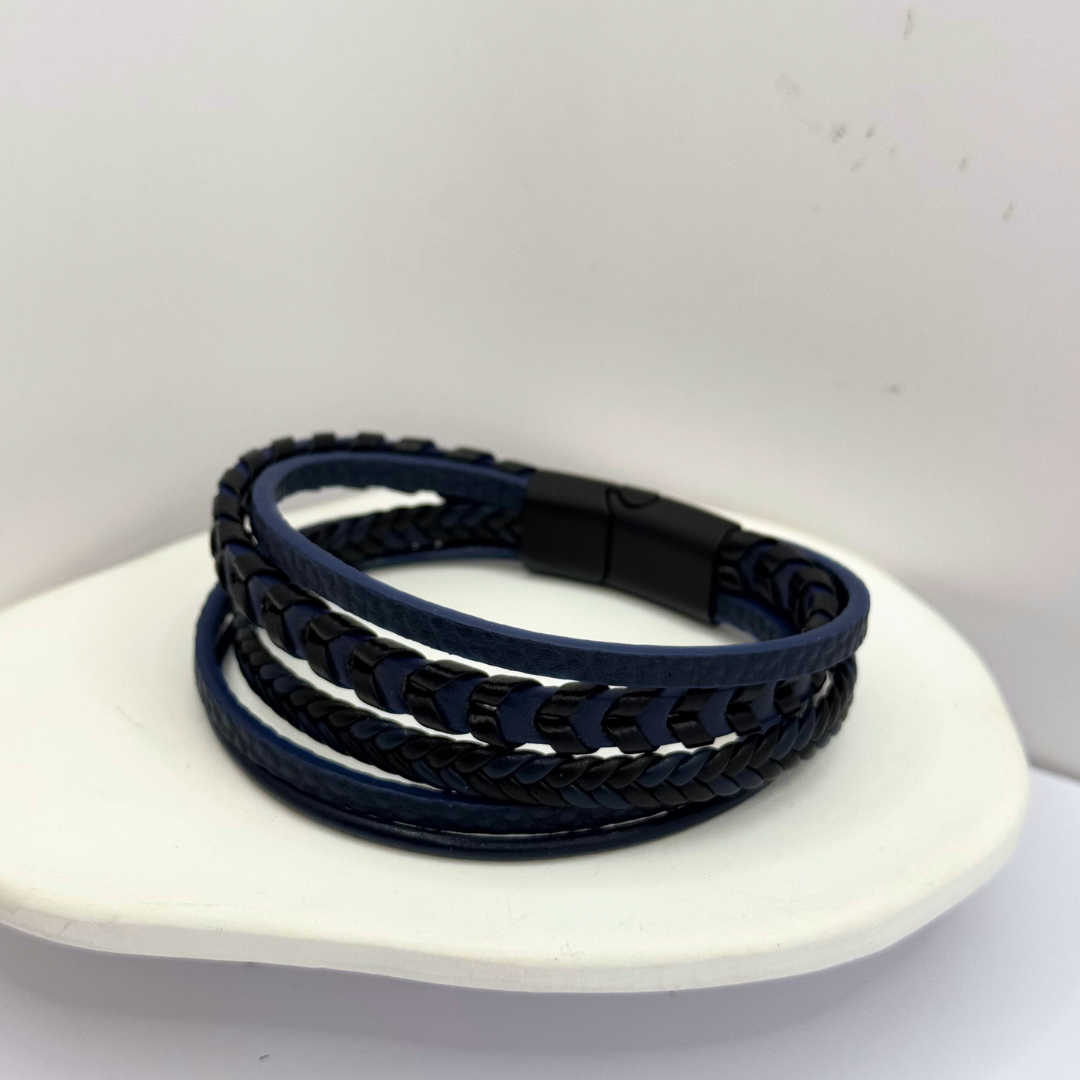 Pulsera Ecocuero Azul y Negro - Silver