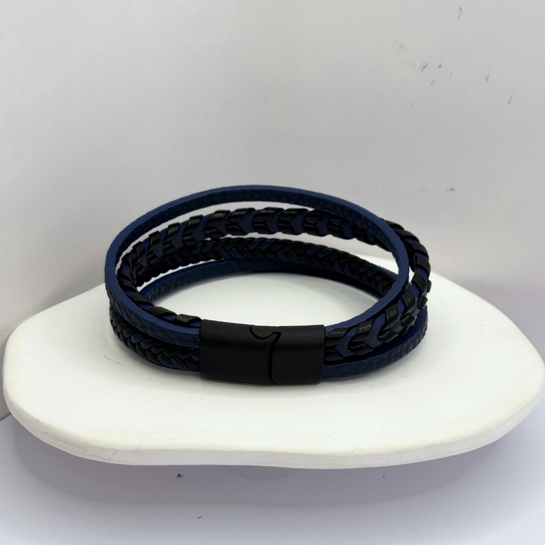 Pulsera Ecocuero Azul y Negro - Silver