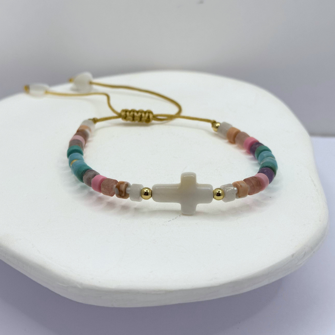 Pulsera Colores Pastel y Cruz - Silver