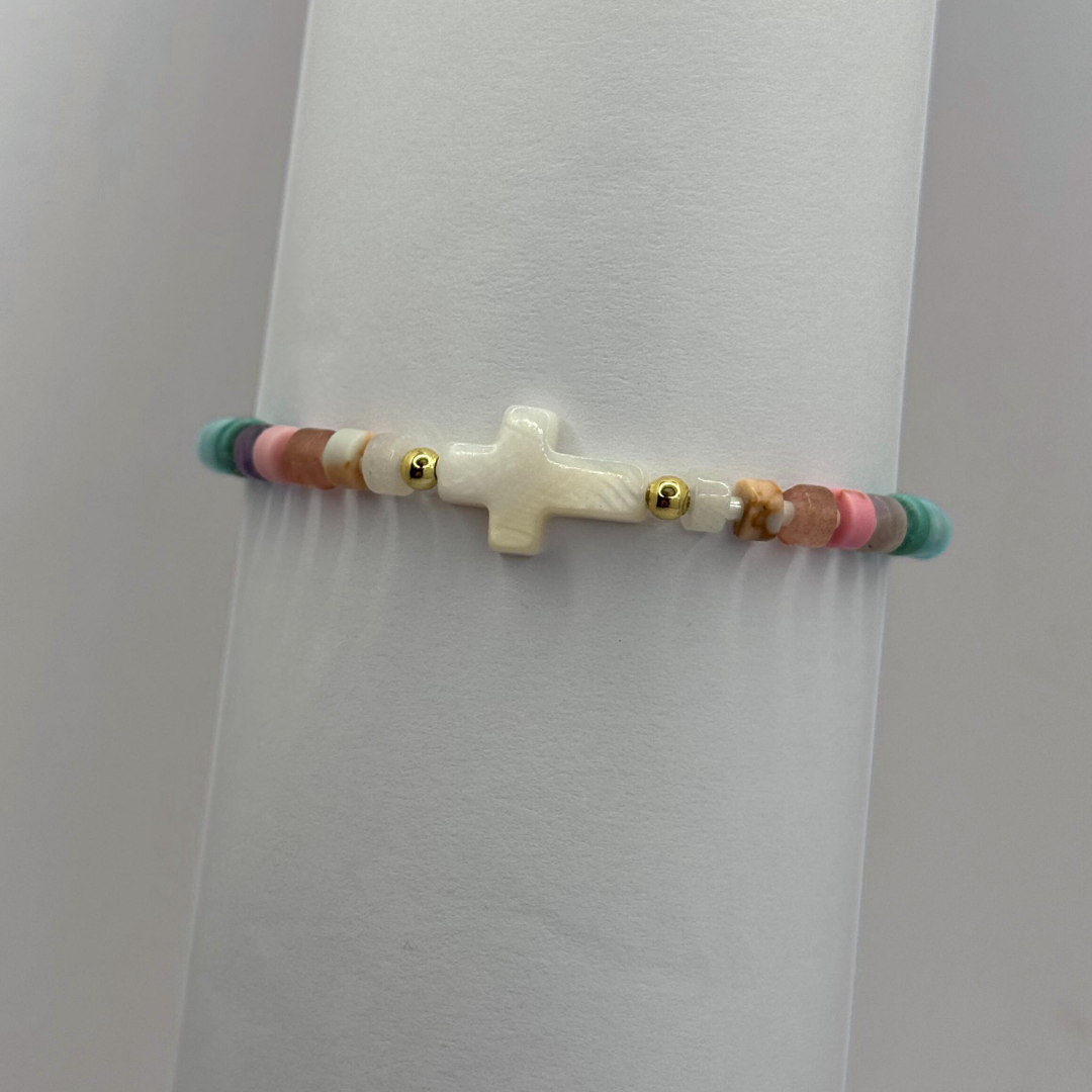 Pulsera Colores Pastel y Cruz - Silver