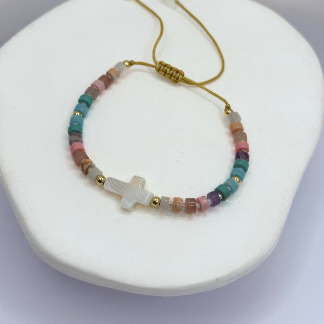 Pulsera Colores Pastel y Cruz - Silver