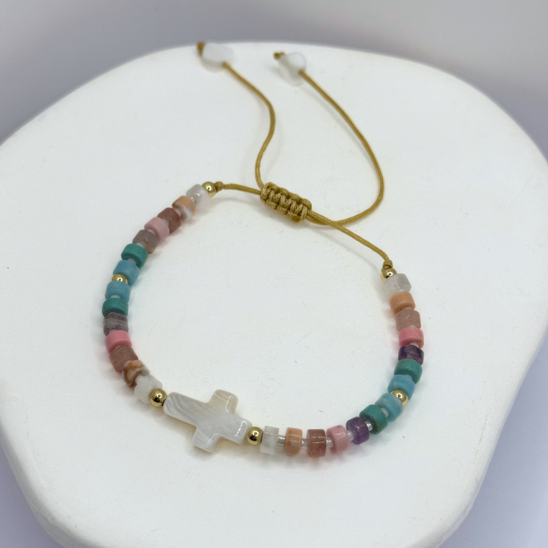 Pulsera Colores Pastel y Cruz - Silver