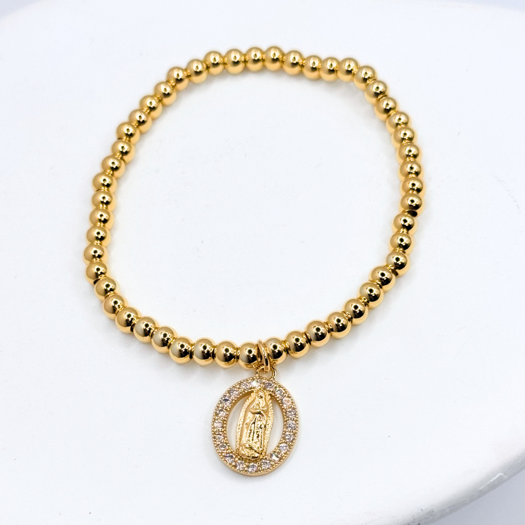Pulsera Cuentas Doradas Virgen María - Gold