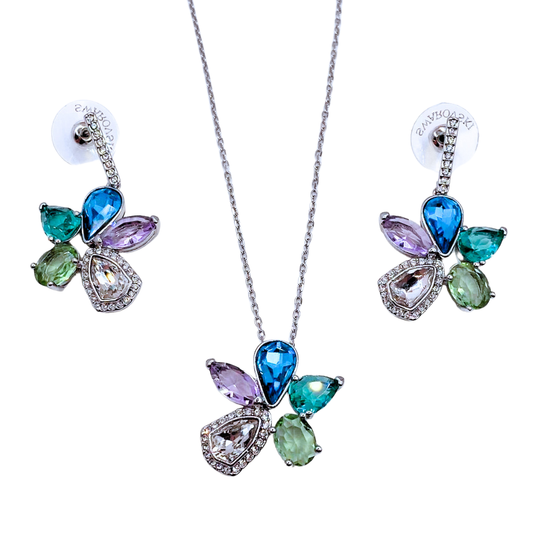 Conjunto Collar y Aros Flor Multicolor - Silver