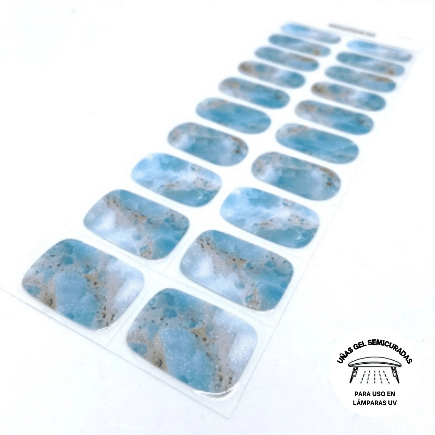 Uñas Gel Semi curado Manicure - Azul Drive ( Manchitas Celestes, blancas y plateado con brillos) - Nordvik London