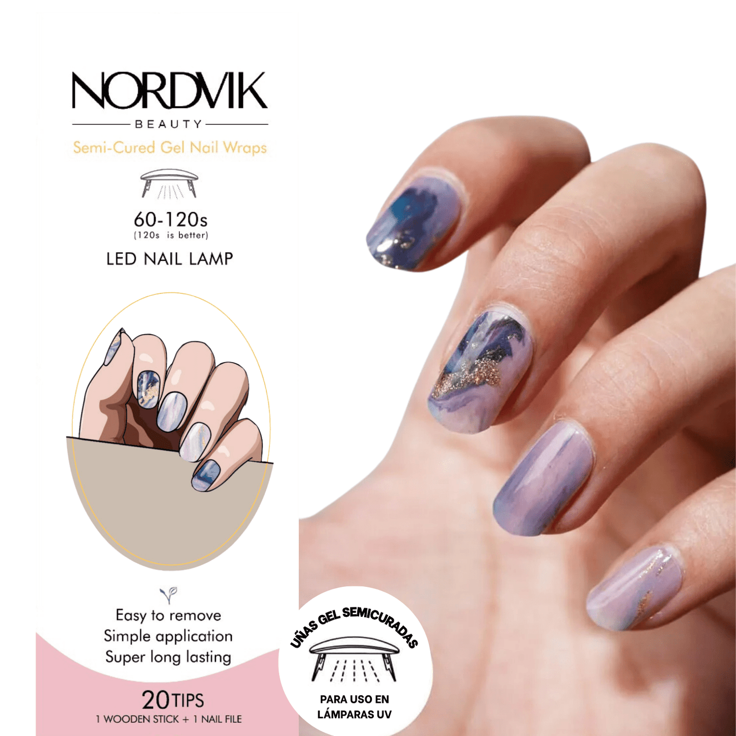Uñas Gel Semi curado Manicure - Marmoleado Morado y Dorado - Nordvik London