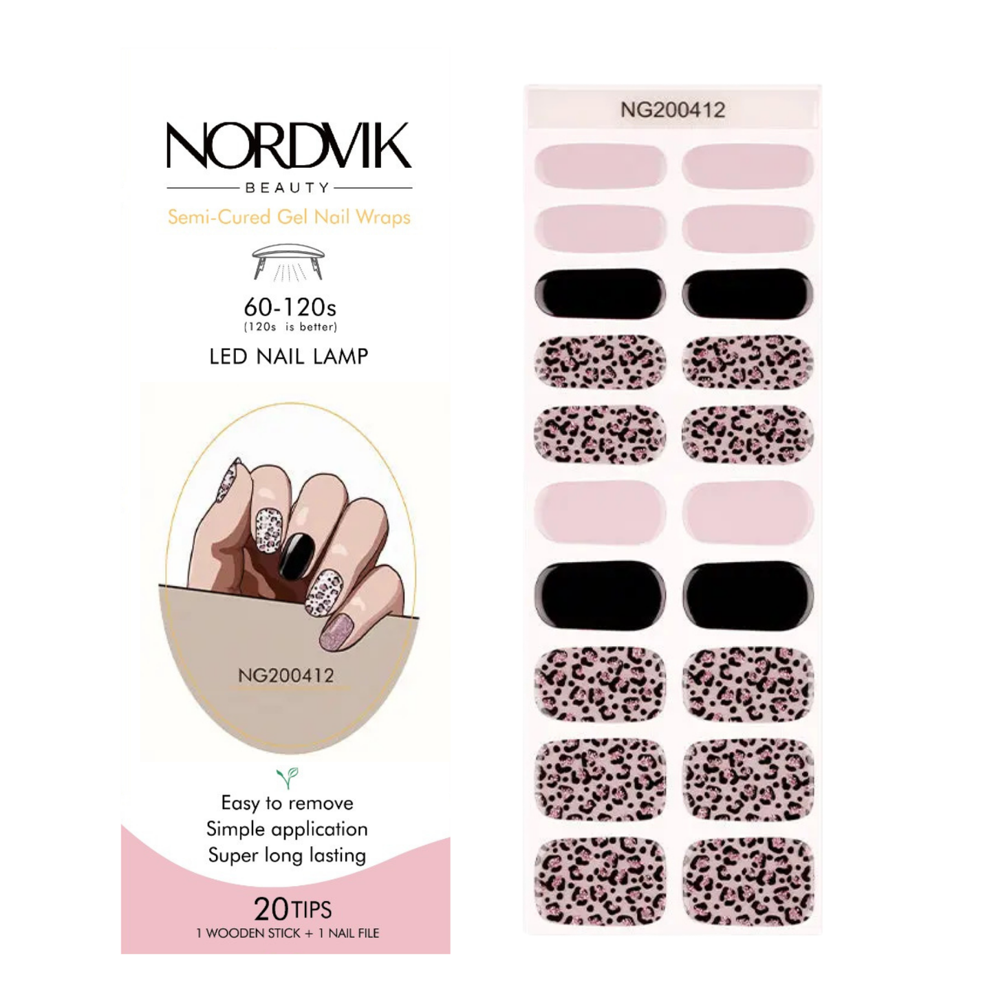 Uñas Gel Semi curado Manicure - Negras con Animal Print rosado