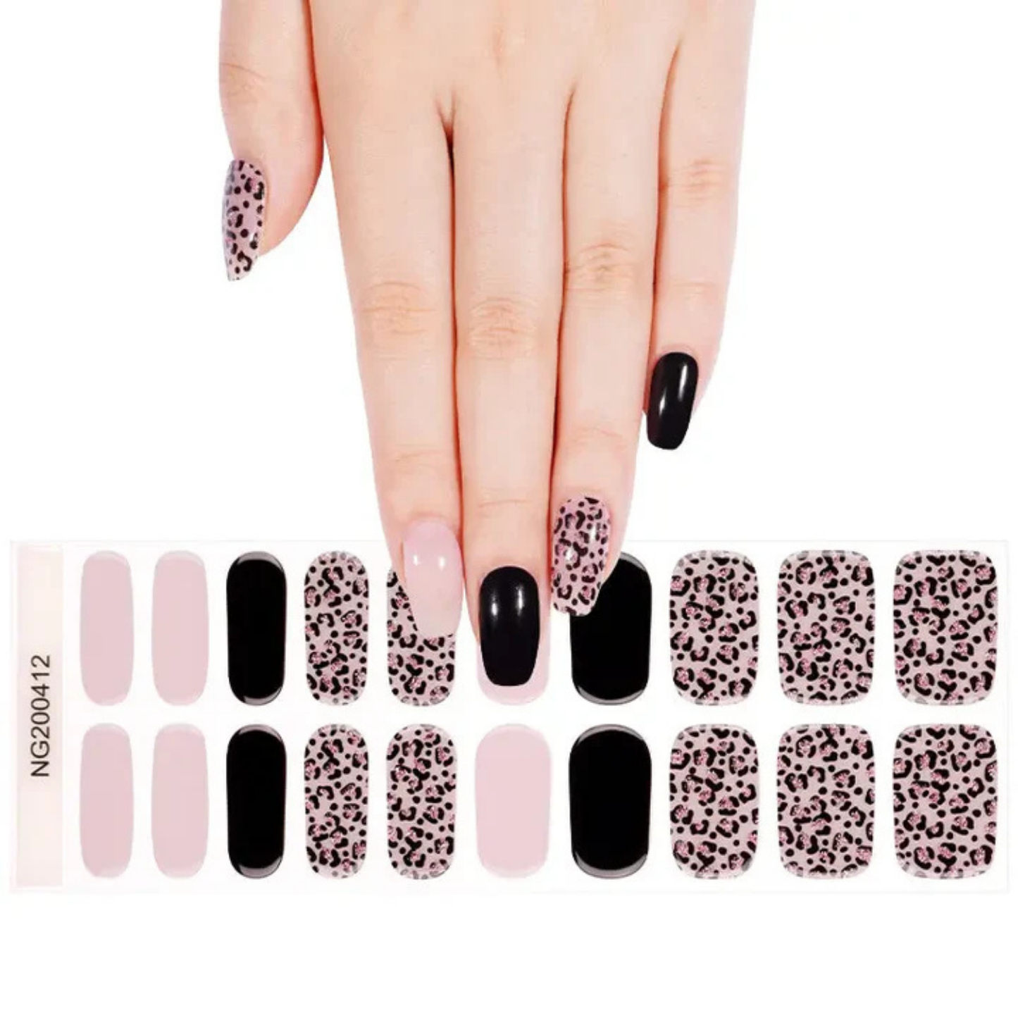 Uñas Gel Semi curado Manicure - Negras con Animal Print rosado