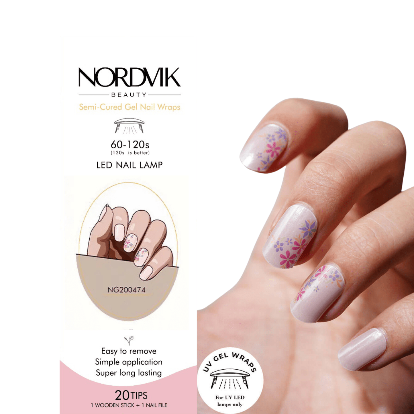 Uñas Gel Semi curado Manicure - Rosado Perlado detalle Flores lila - Nordvik London