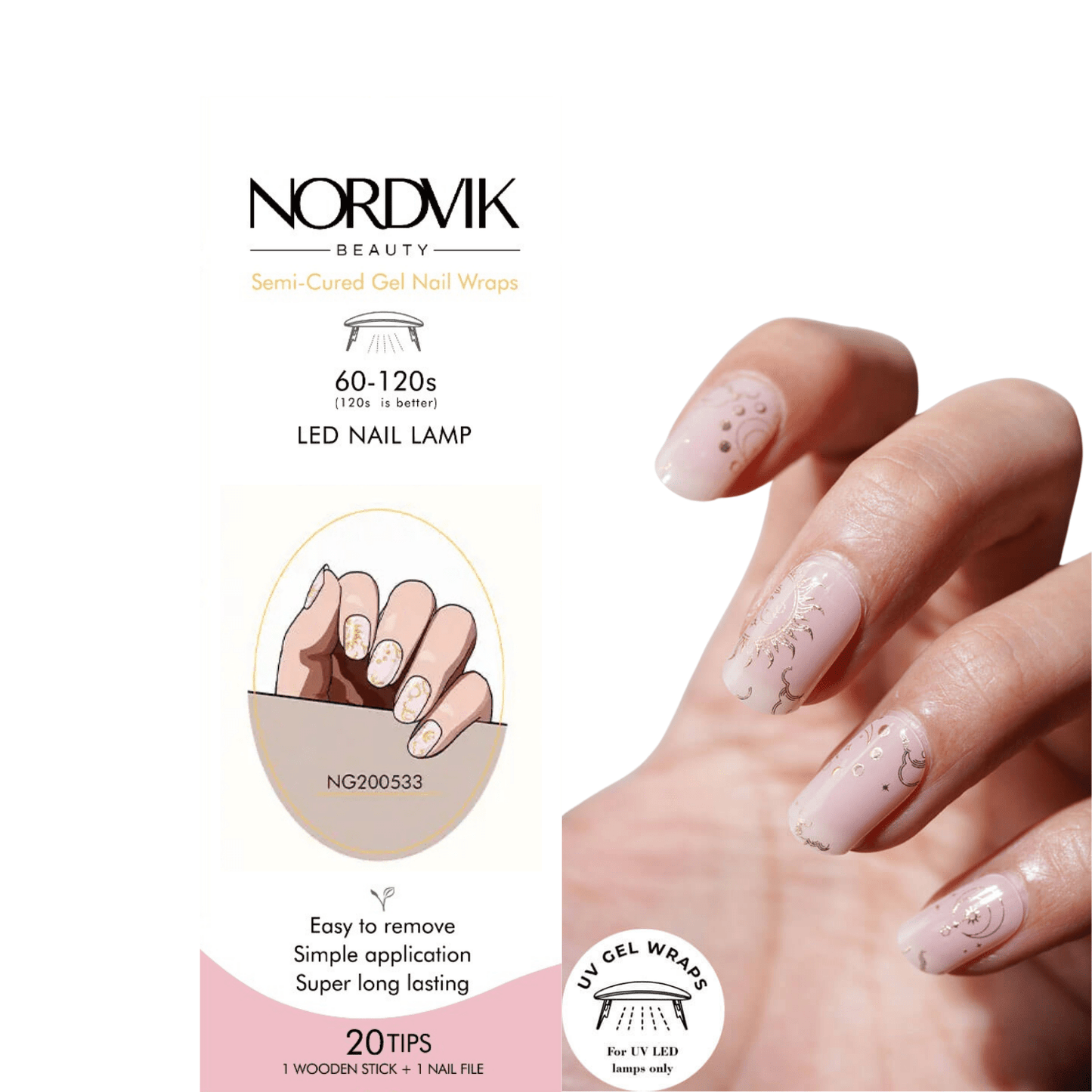 Uñas Gel Semi curado Manicure - Rosa Pastel Misticas Sol y Luna Dorados - Nordvik London