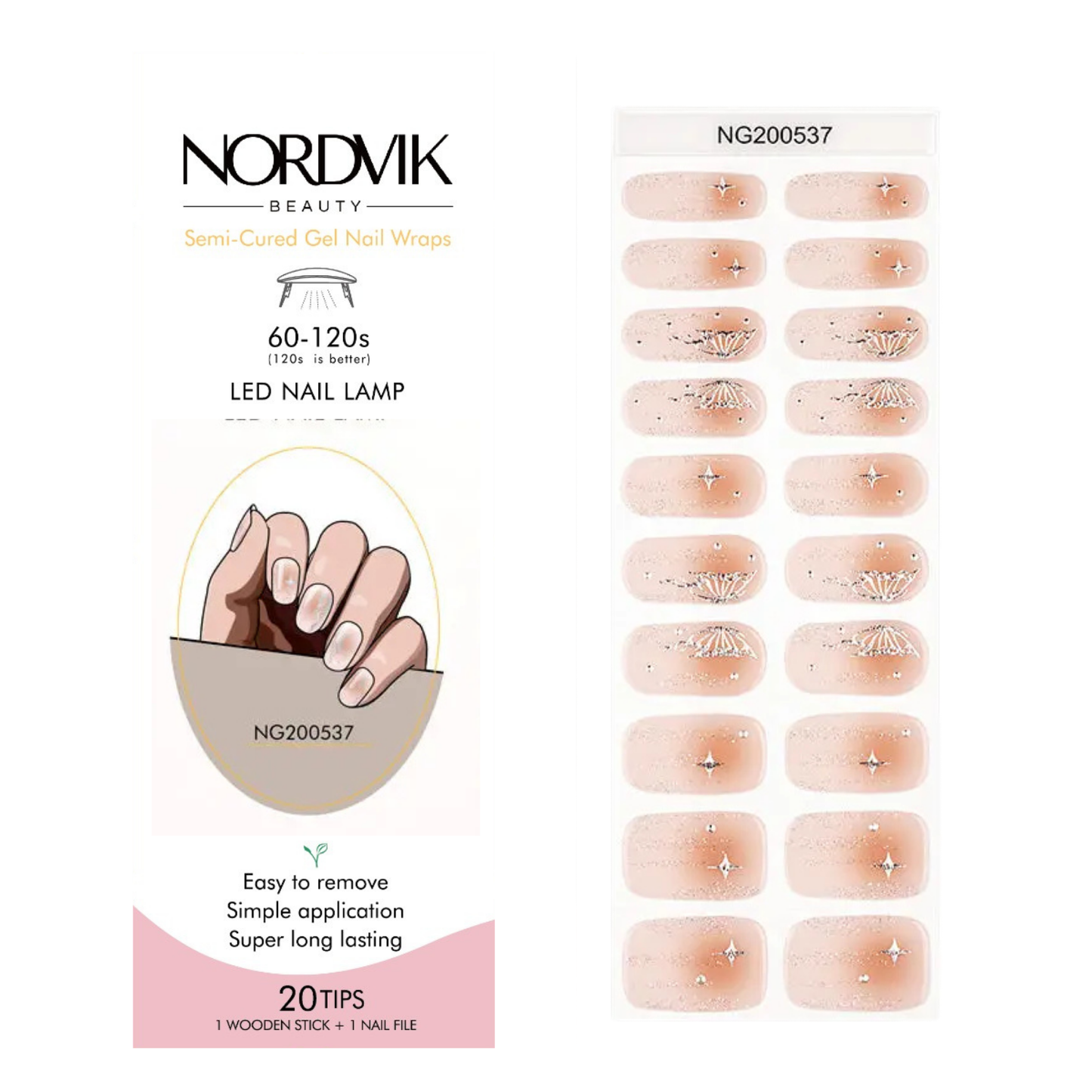 Uñas Gel Semi curado Manicure - Nude con Alas de Mariposa Plateadas