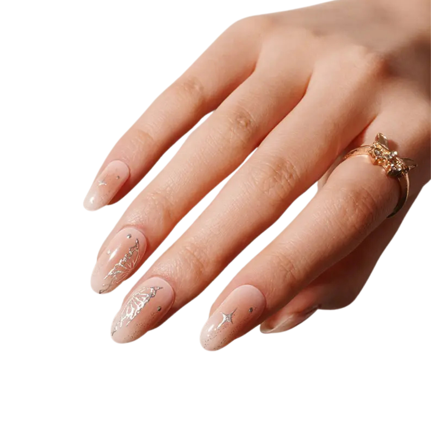 Uñas Gel Semi curado Manicure - Nude con Alas de Mariposa Plateadas