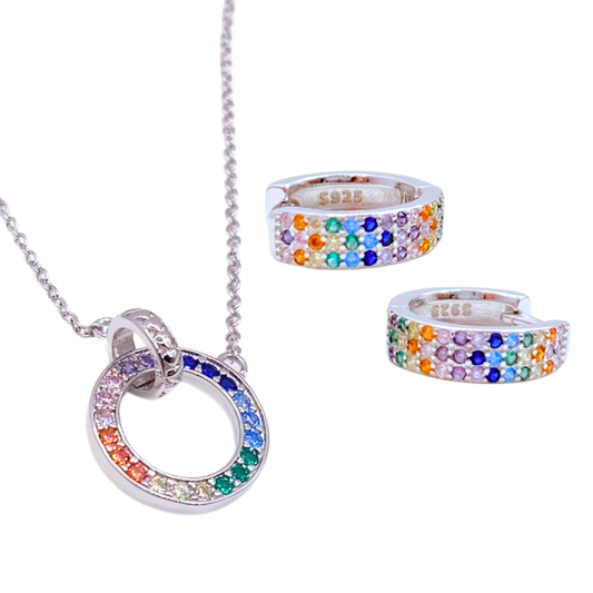 Conjunto Aros y Collar Círculo Multicolor - Silver