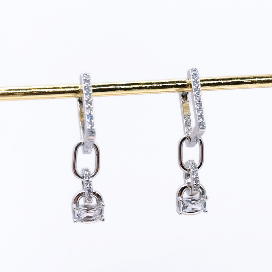Argolla Rectangular Pavé con Dije - Silver | Rose Gold
