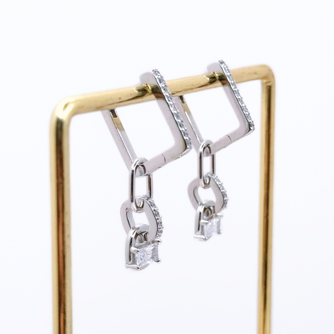 Argolla Rectangular Pavé con Dije - Silver | Rose Gold