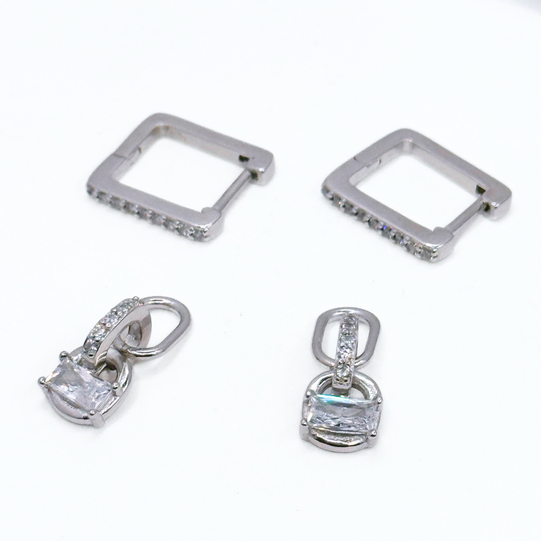 Argolla Rectangular Pavé con Dije - Silver | Rose Gold