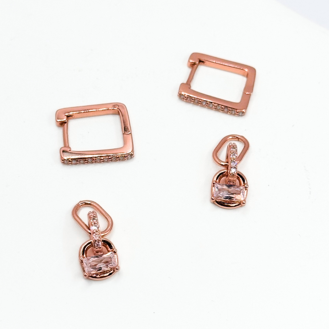 Argolla Rectangular Pavé con Dije - Silver | Rose Gold
