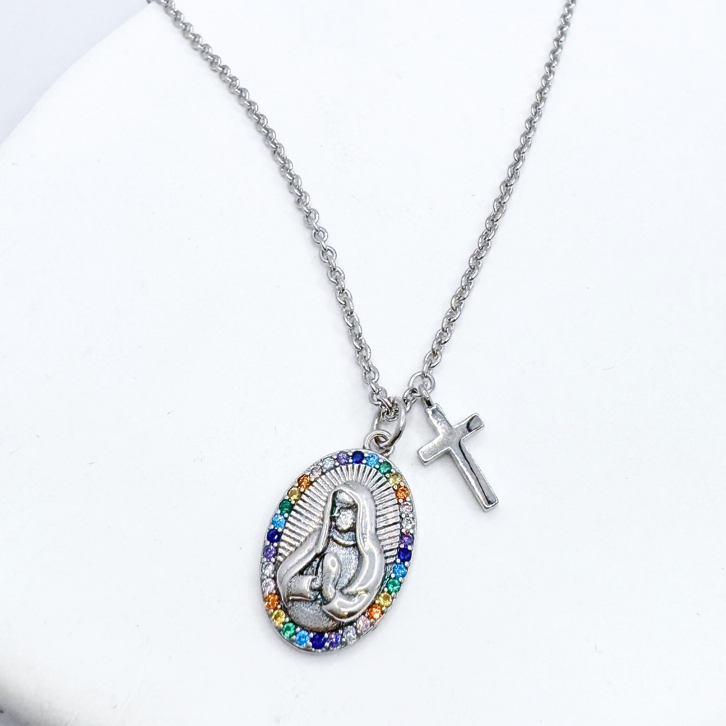 Conjunto Aros y Collar Virgen María Colorido - Silver