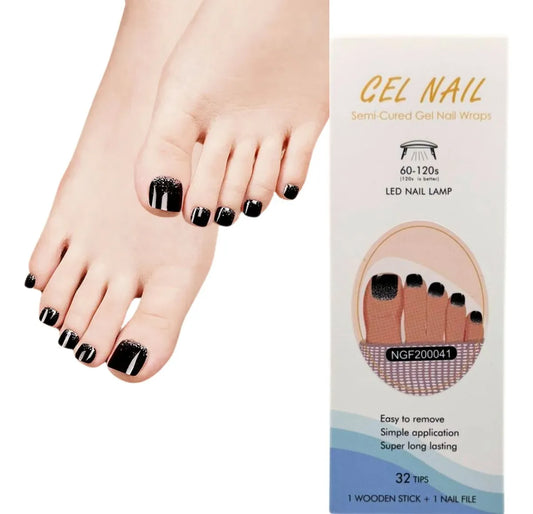 Uñas Gel Semi Curado Pedicure - Negro con Brillos