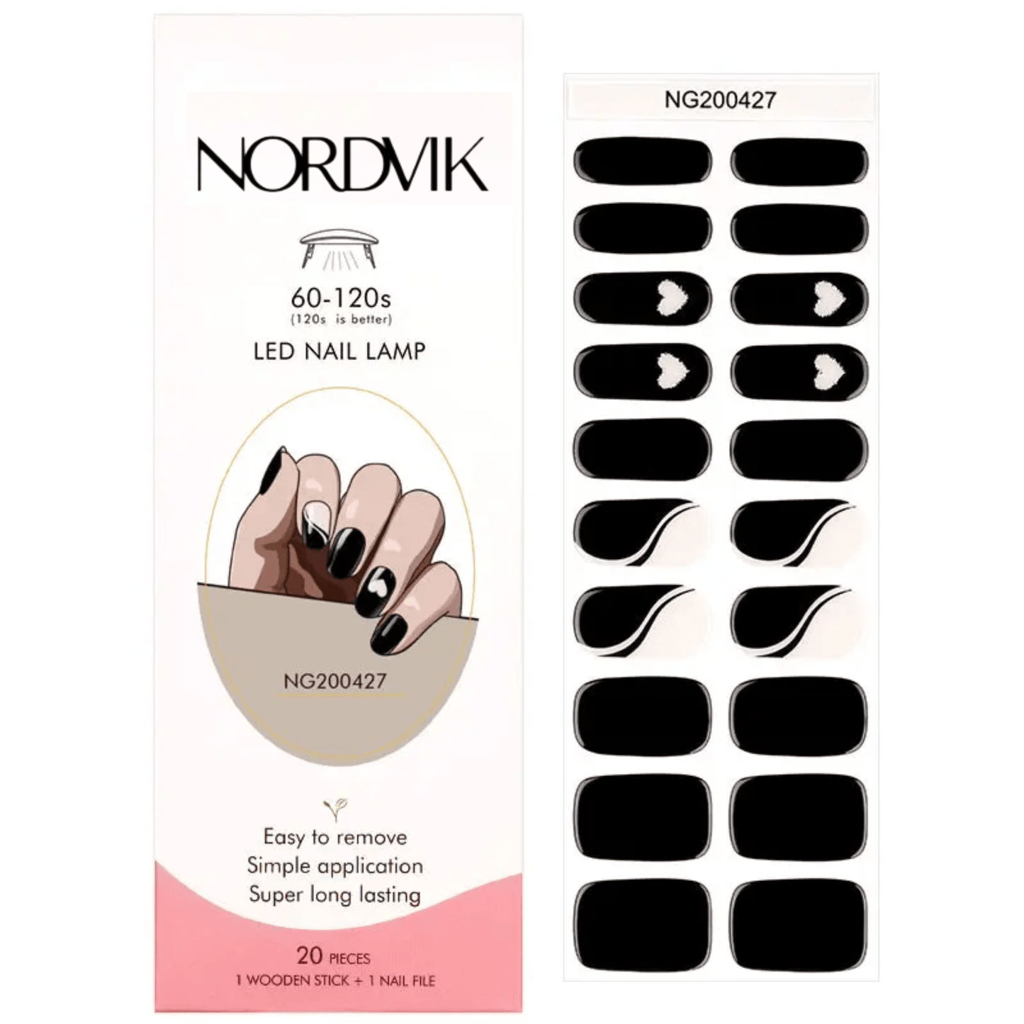 Uñas Gel Semi Curado Manicure - Blanco, Negro y Corazones - Nordvik London