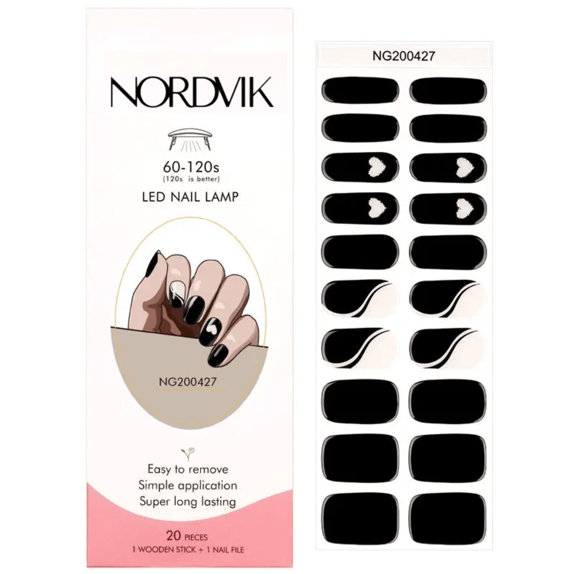 Uñas Gel Semi Curado Manicure - Blanco, Negro y Corazones - Nordvik London