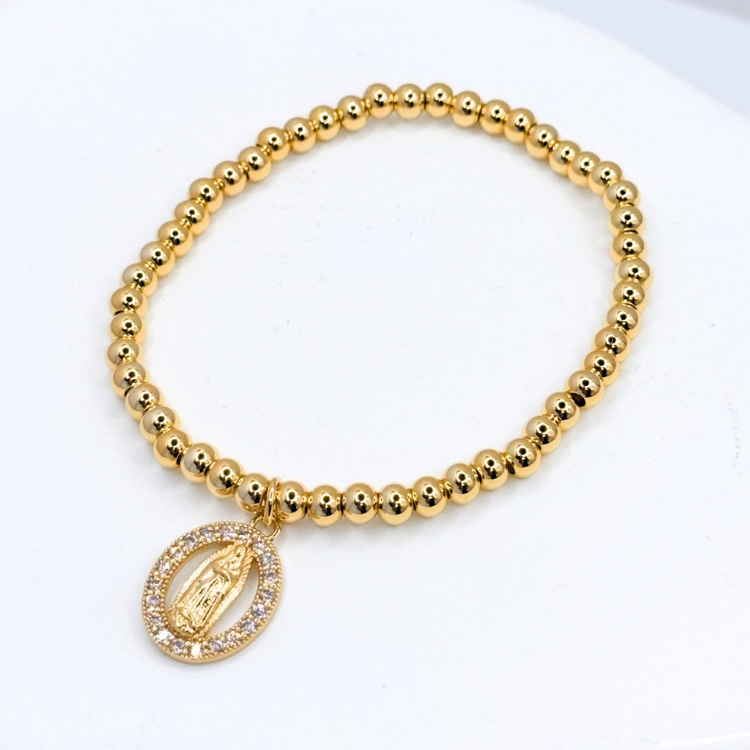 Pulsera Cuentas Doradas Virgen María - Gold