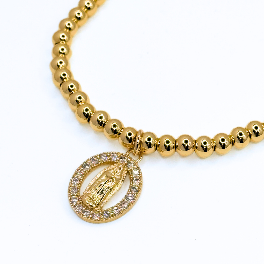 Pulsera Cuentas Doradas Virgen María - Gold