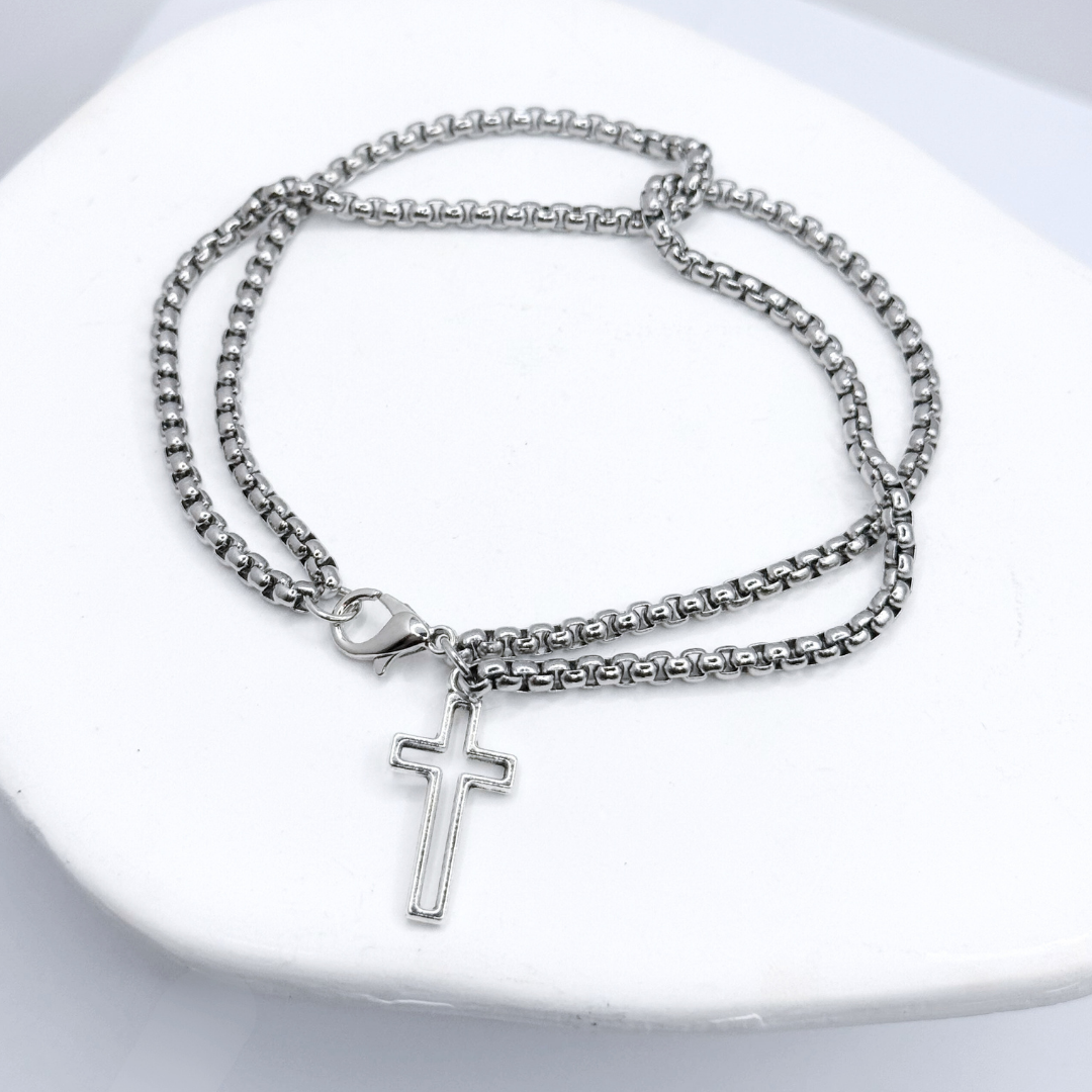 Pulsera Cadena Tubular con Cruz - Silver