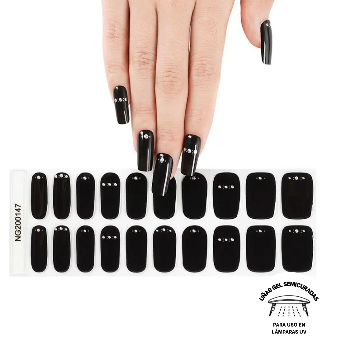 Uñas Gel Semi Curado Manicure - Negro Corona De Brillitos